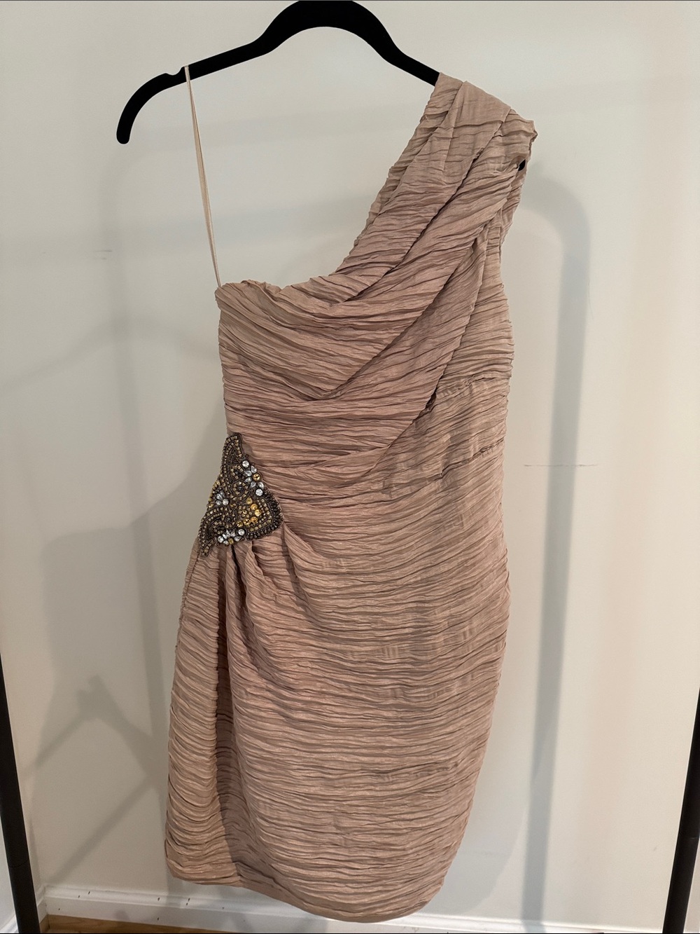 Eliza J One-Shoulder Taupe Ruched Cocktail Dress with Beaded Accent